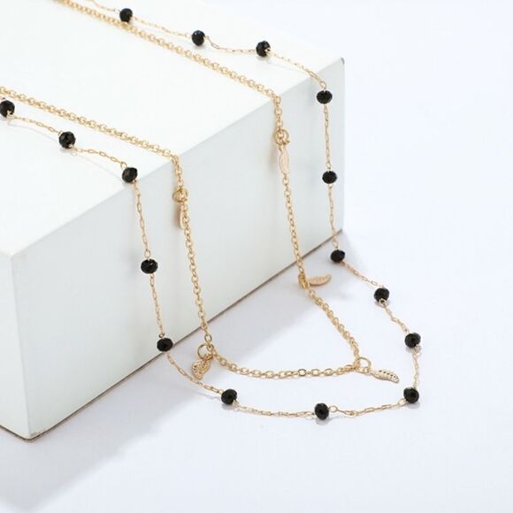 Double layered necklace Feathers and black beans zinc allow - Picture 3 of 12